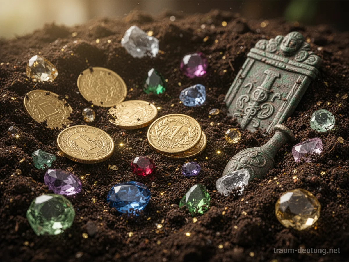 Reiche Erde, aus der Goldmünzen und Edelsteine hervorschauen