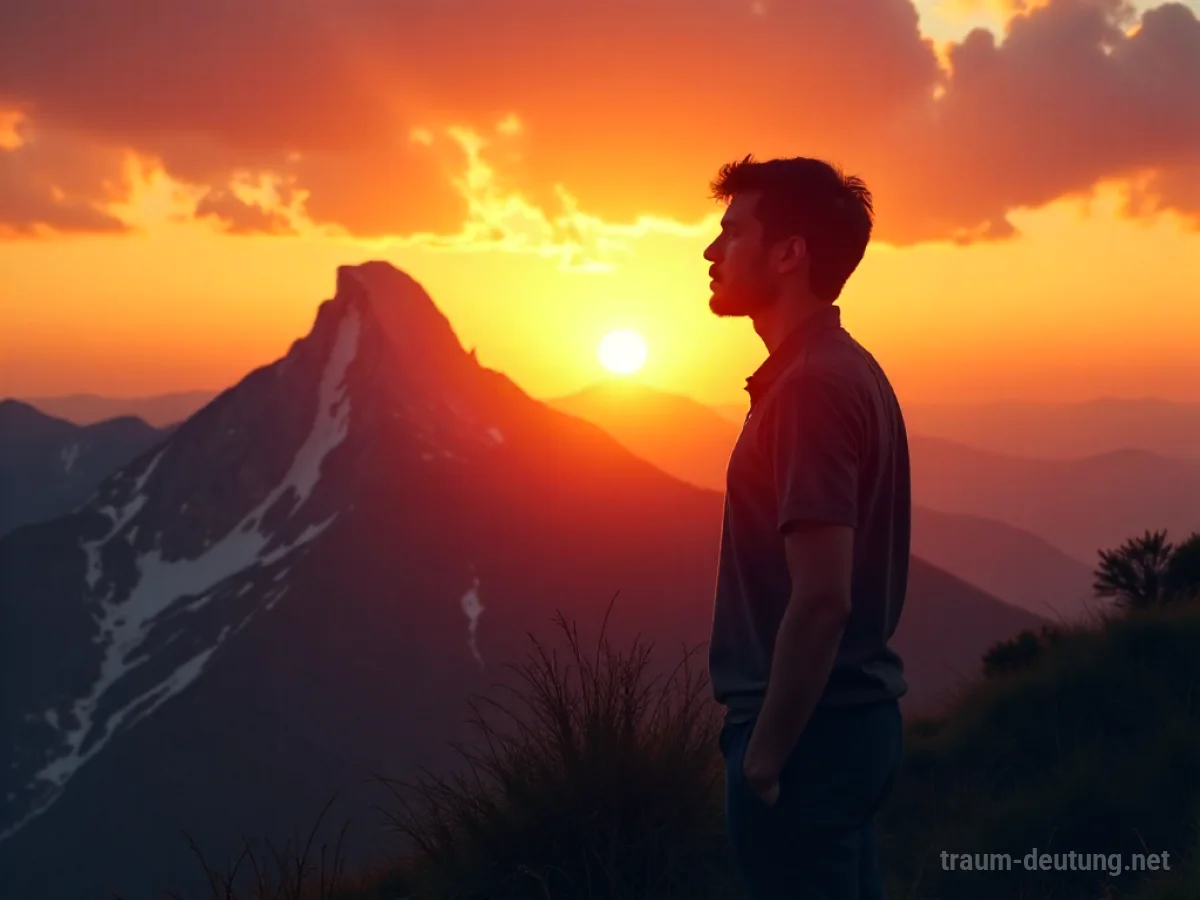 Person auf Berggipfel, die den Sonnenuntergang sieht, aber mit zweifelndem Gesichtsausdruck.