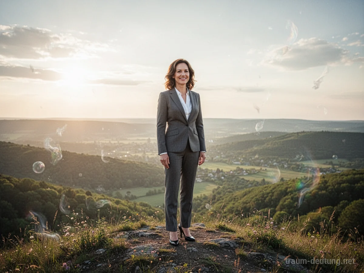 Eine Frau steht erfolgreich auf einem Hügel mit Blick auf eine sonnige Landschaft.