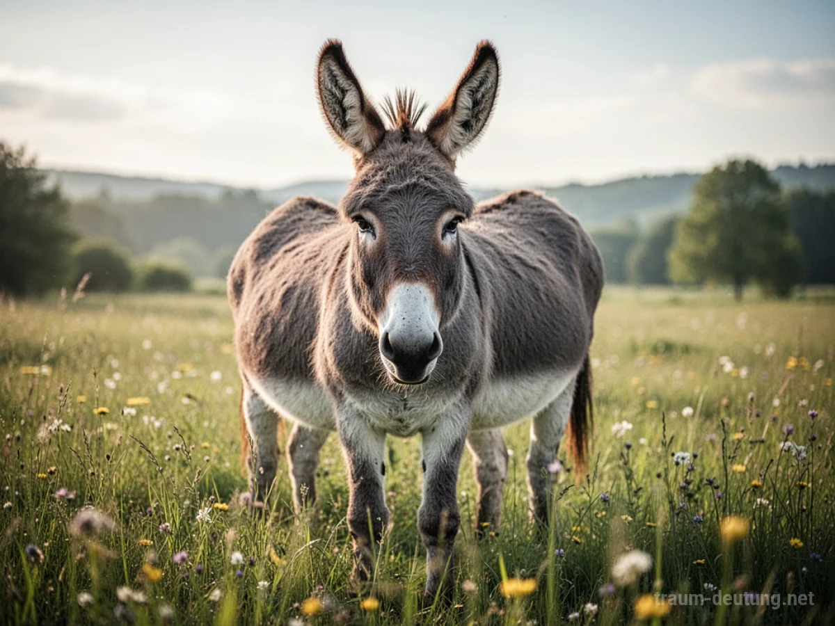 Ein zahmer Esel steht auf einer sonnigen Wiese und blickt freundlich.