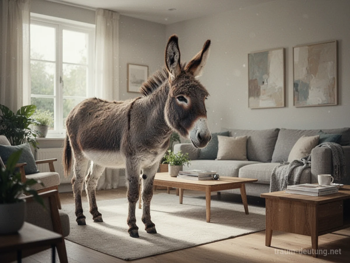 Ein Esel steht in einem Wohnzimmer und schaut sich um.