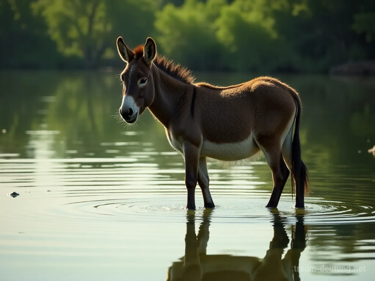 Ein Esel steht im klaren Wasser eines Baches.