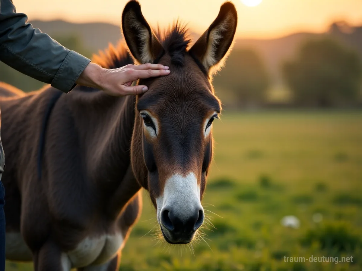 Eine Hand streichelt einen ruhigen Esel auf einer Wiese.