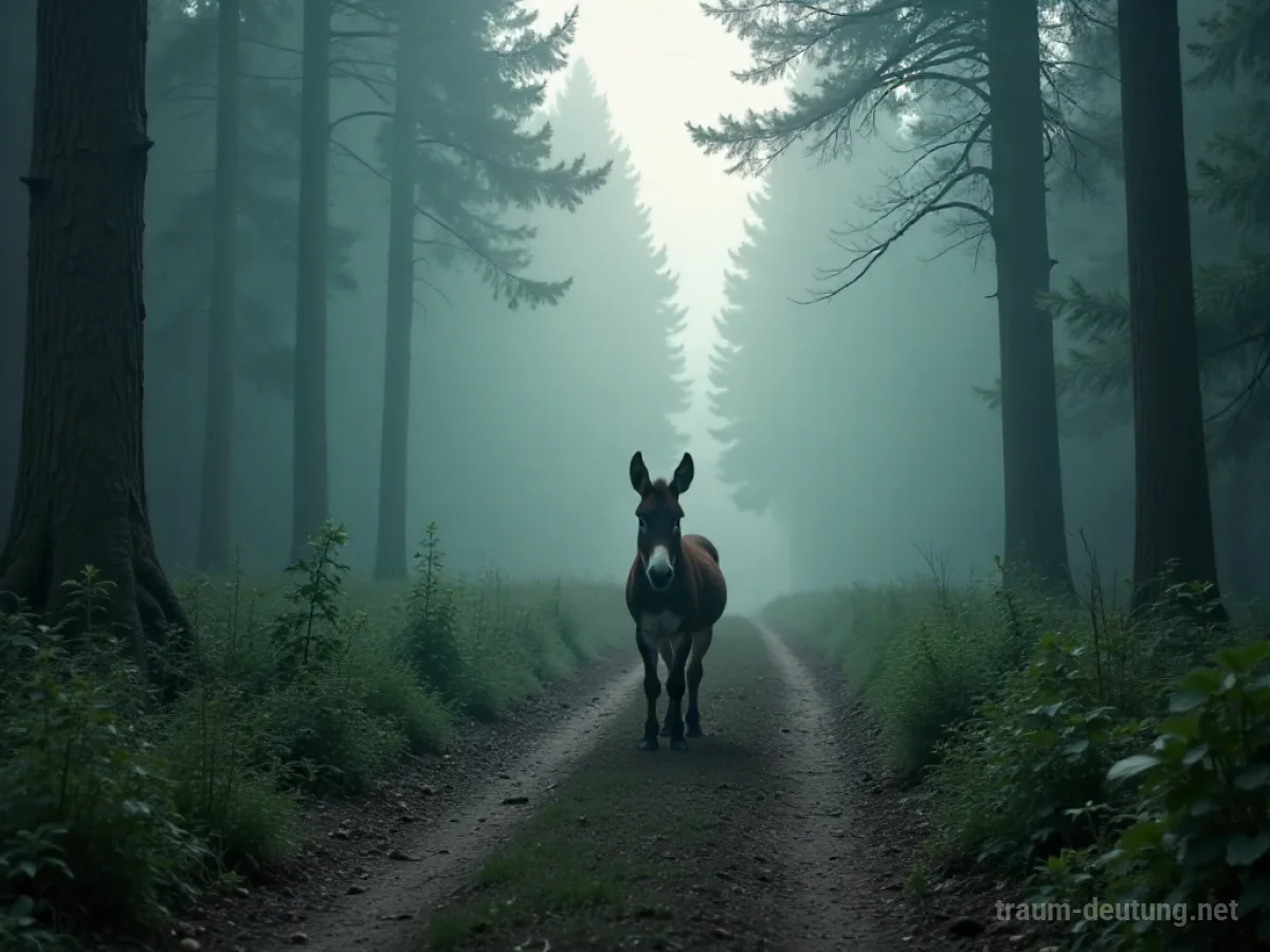 Verirrter Esel an einer Weggabelung im Nebelwald