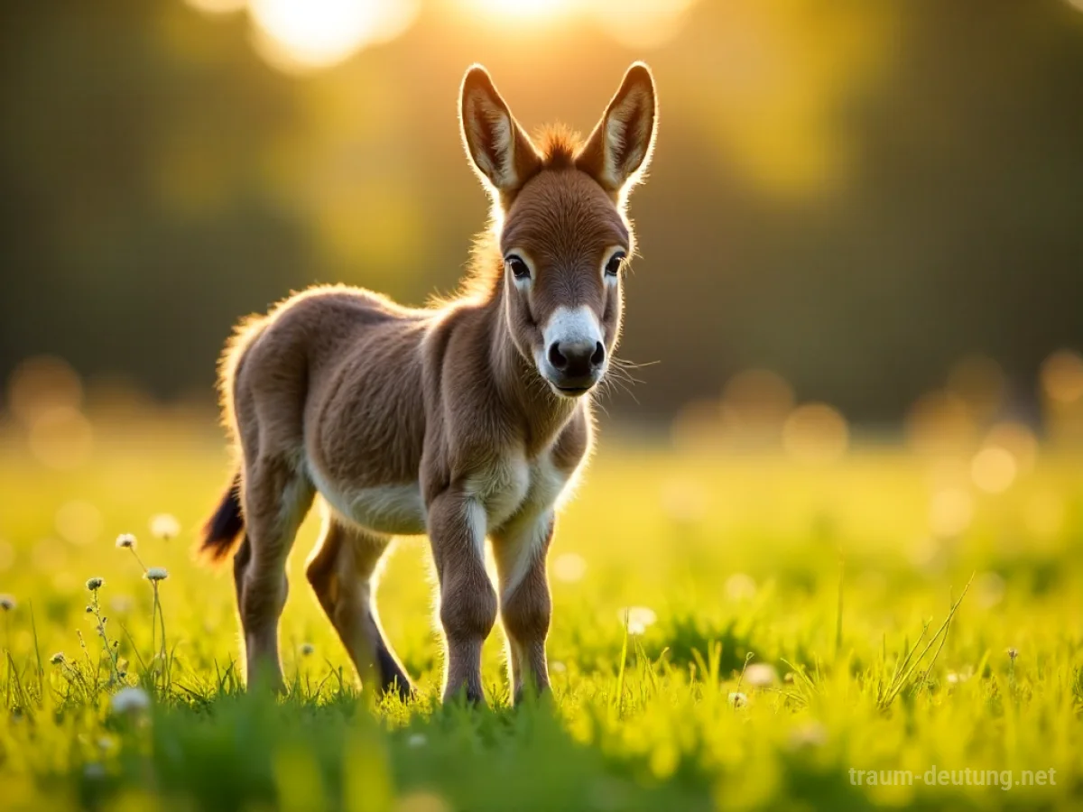 Ein Eselbaby steht in einer sonnigen Wiese und schaut neugierig.