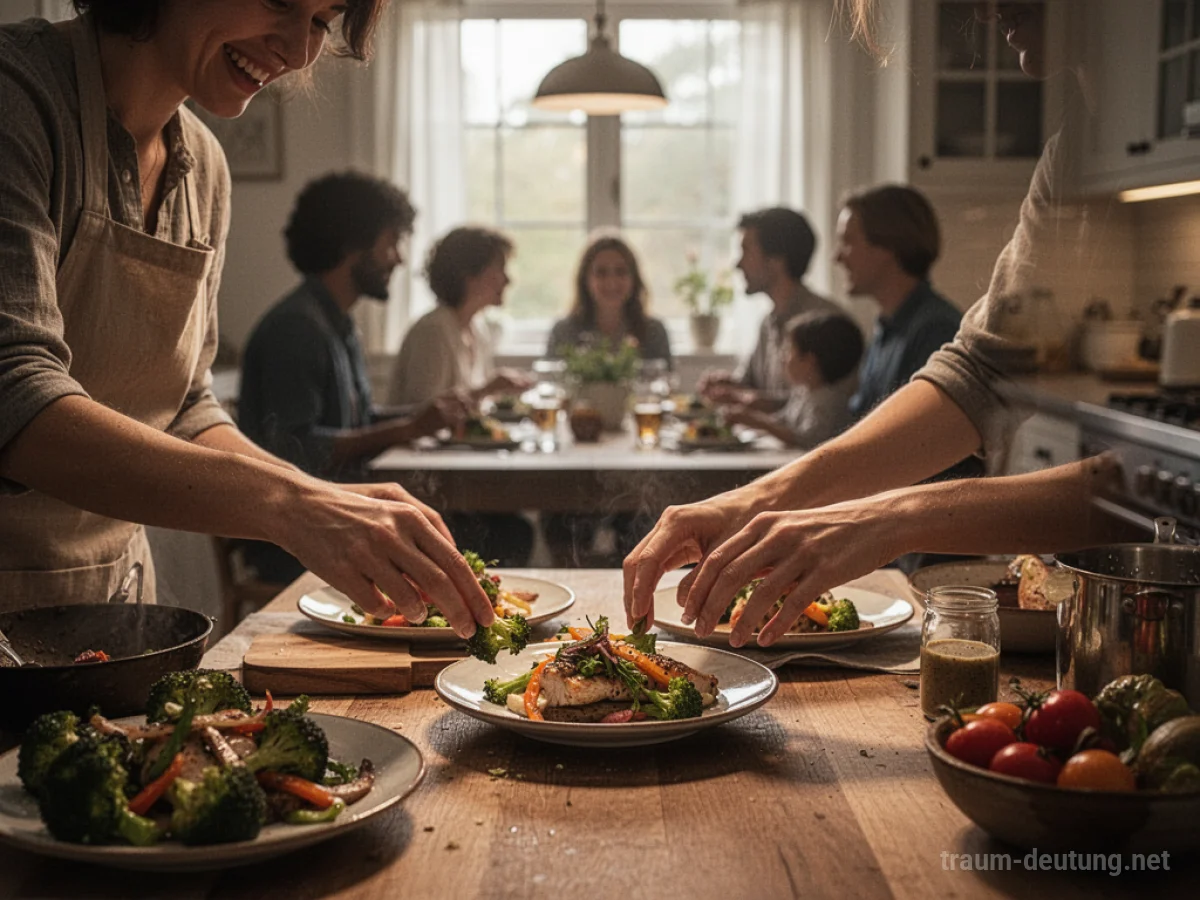 Hände, die Essen für andere auf Tellern anrichten