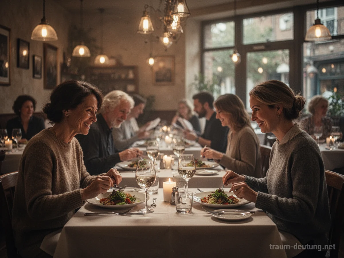 Gemütliches Restaurant mit gedeckten Tischen und lachenden Menschen.