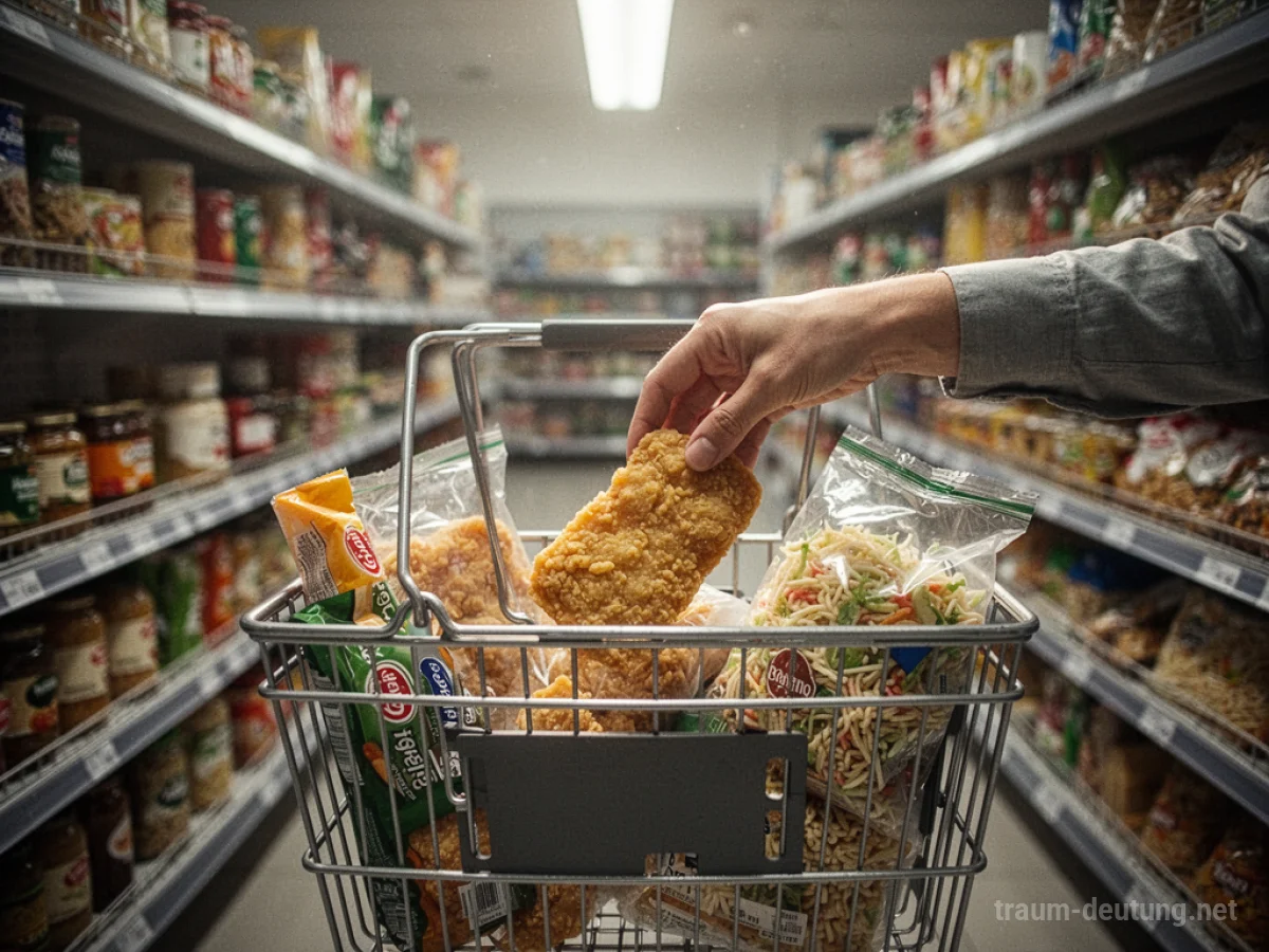 Hand legt Lebensmittel in einen Einkaufswagen im Supermarkt