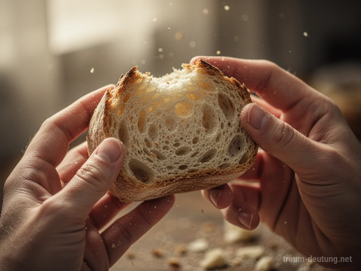 Hände, die ein Stück Brot halten