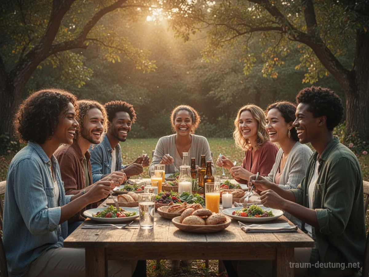 Freunde teilen gemeinsam eine Mahlzeit an einem Tisch im Freien.