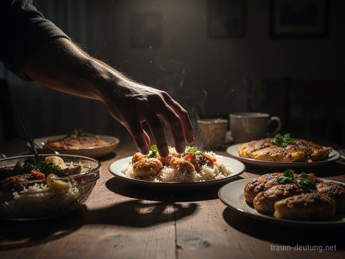 Schattenhafte Hand greift nach Essen auf einem Tisch