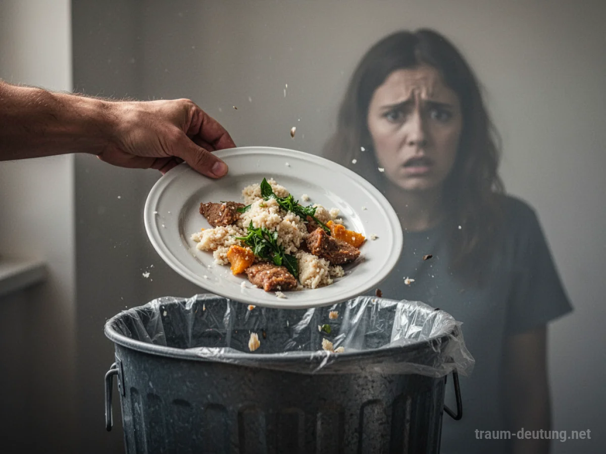 Eine Hand wirft einen Teller mit Essen in einen Mülleimer.
