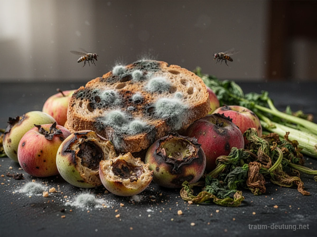 Verdorbene Lebensmittel wie Schimmelbrot und faule Früchte auf dunklem Untergrund.