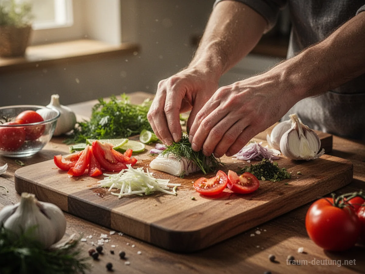 Hände bereiten Essen auf einem Holztisch zu