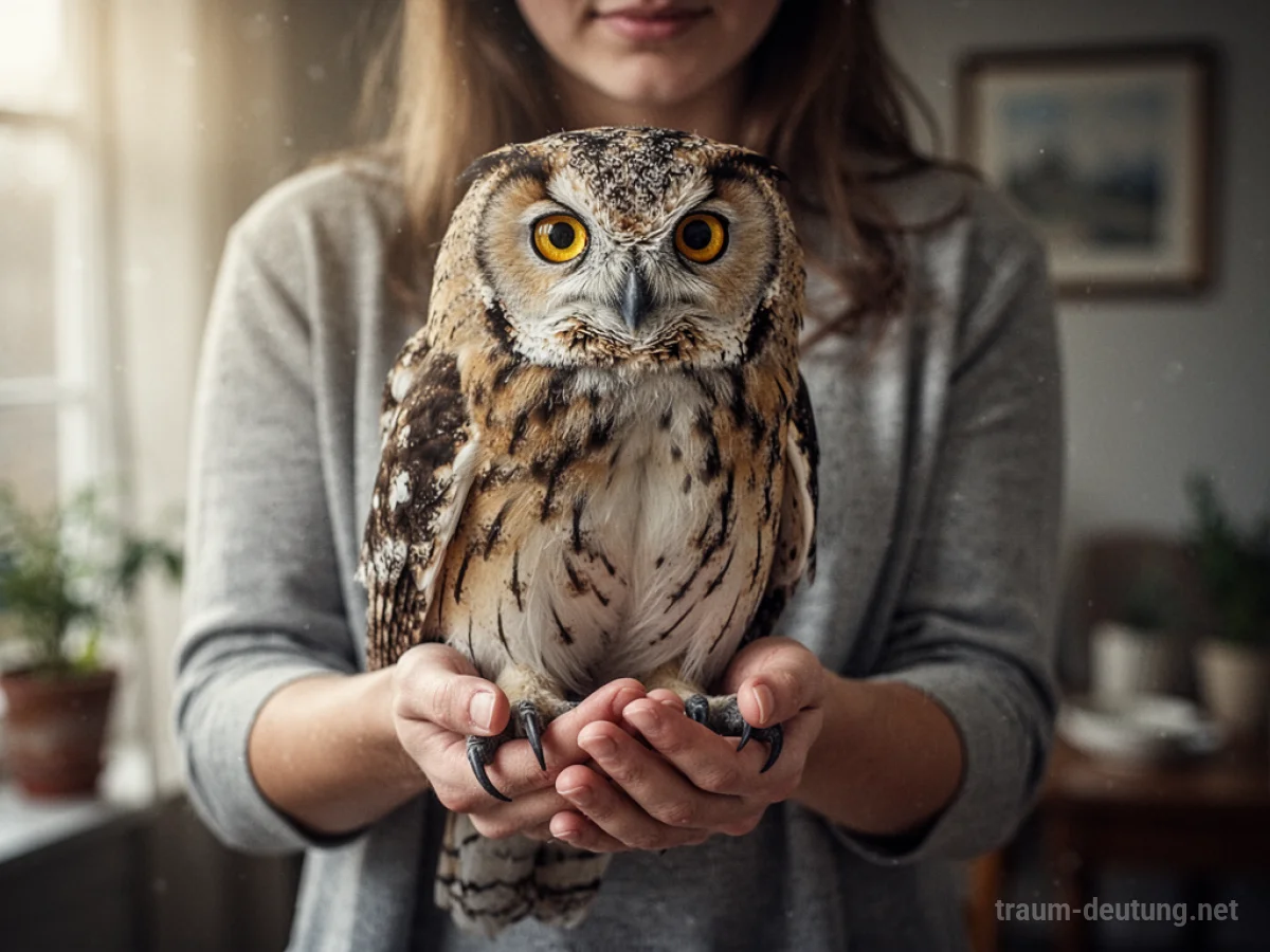 Eine Person hält sanft eine Eule als Haustier auf der Hand.