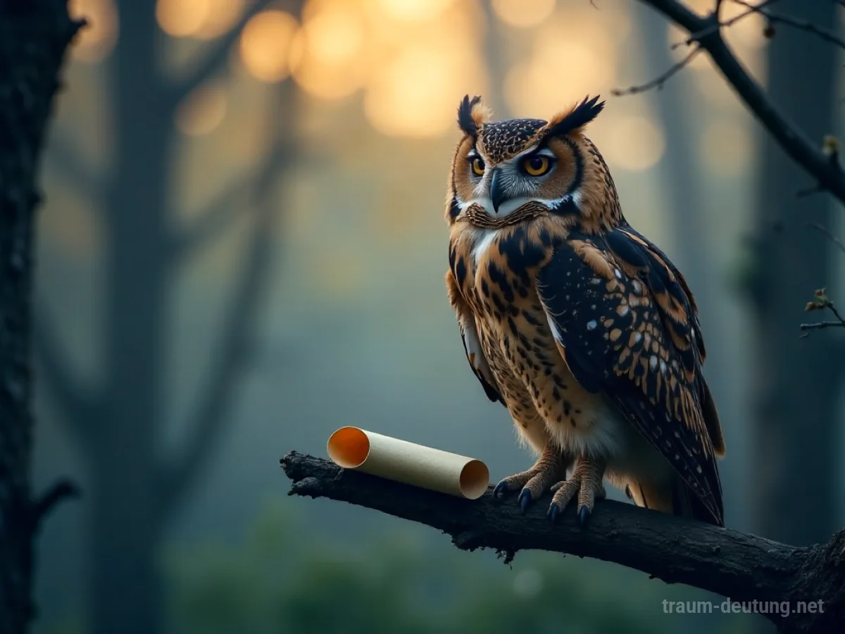 Eine weise Eule mit einer Botschaft im Schnabel sitzt auf einem Ast im Wald.