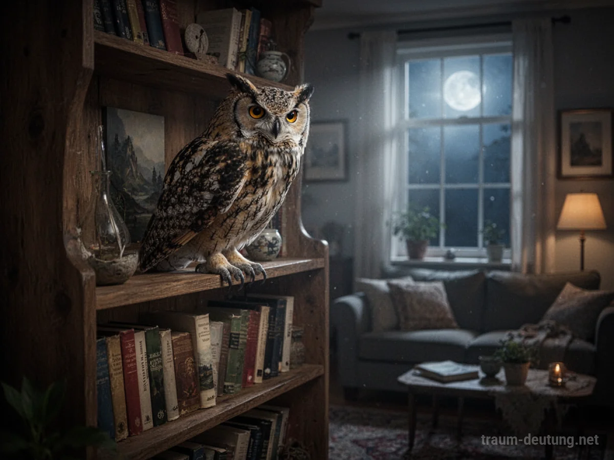 Eule sitzt auf einem Bücherregal in einem gemütlichen Wohnzimmer.