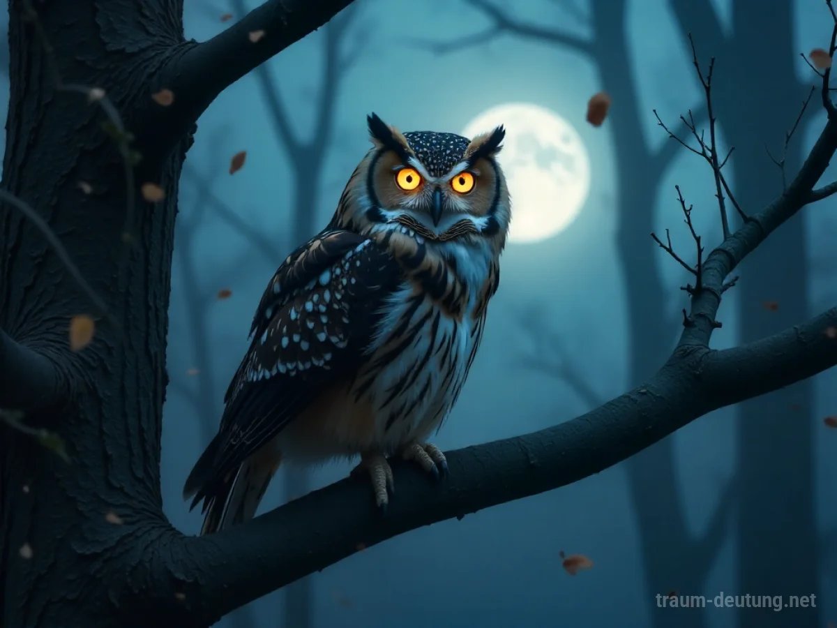 Eine Eule mit leuchtenden Augen sitzt auf einem Ast im Mondlicht.