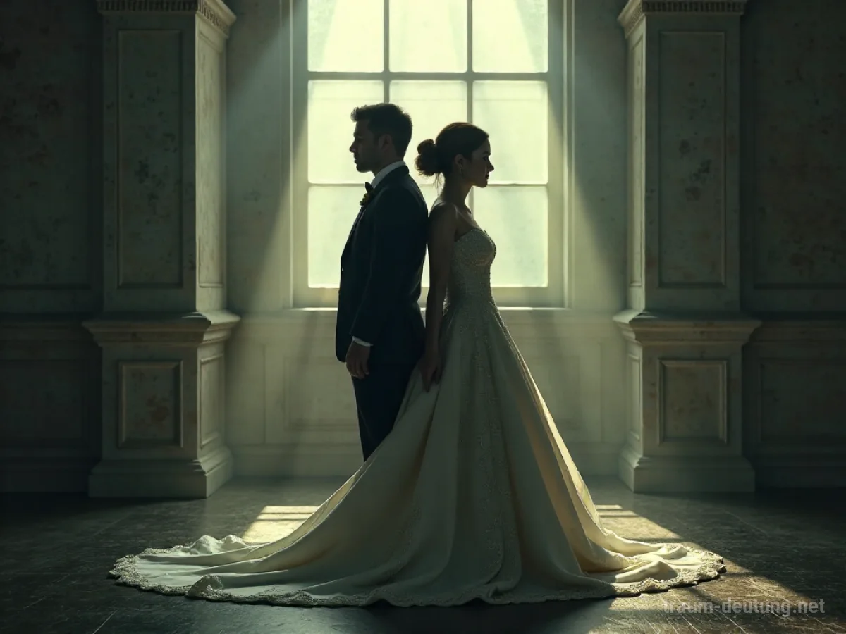 Paar in Hochzeitskleidung steht sich gegenüber mit unsicherem Blick