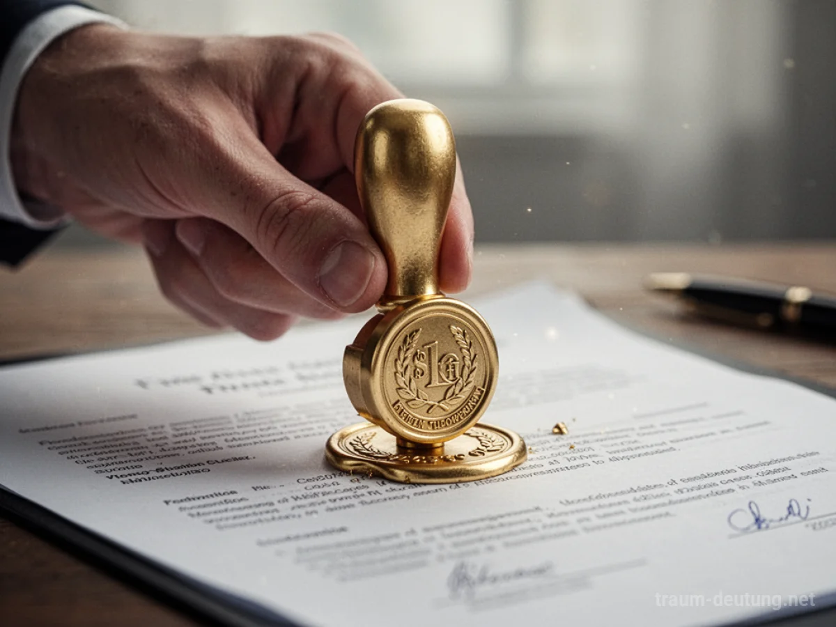 Eine Hand stempelt ein Dokument mit einem goldenen Siegel.