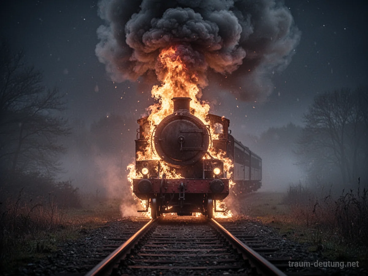 Dampflokomotive steht in Flammen auf dunkler Bahnstrecke
