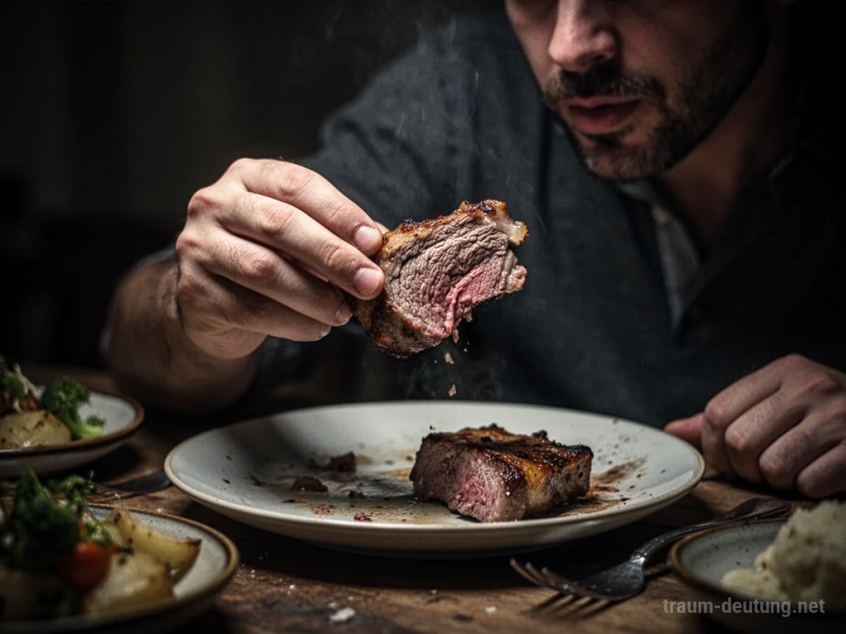 Eine Person isst Fleisch an einem Tisch in einem dunklen Raum.