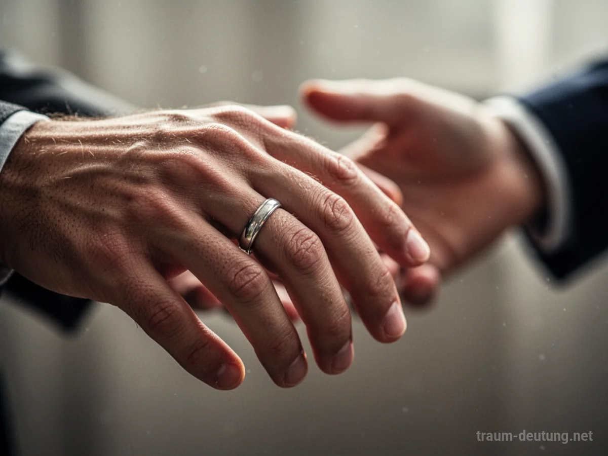 Hand mit einem fremden Ehering am Finger, die Hand reicht nach einer verschwommenen anderen Hand.