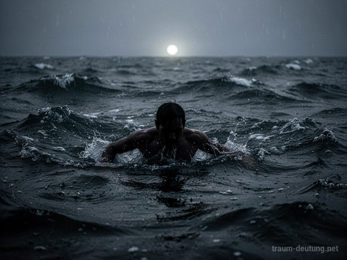 Silhouette einer Person, die in dunklem, aufgewühltem Wasser kämpft.