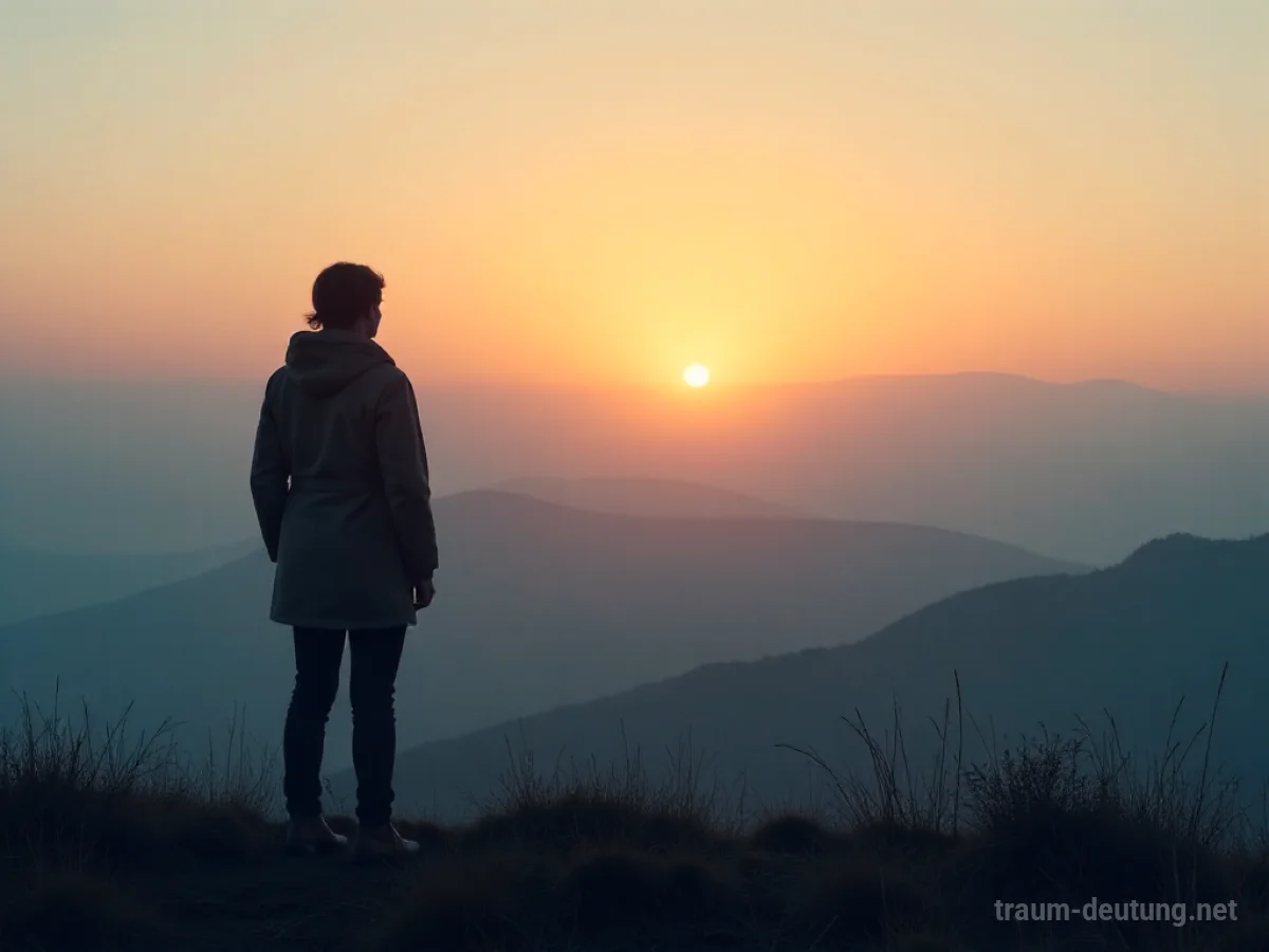 Silhouette einer Person blickt auf eine neblige Landschaft im Morgengrauen