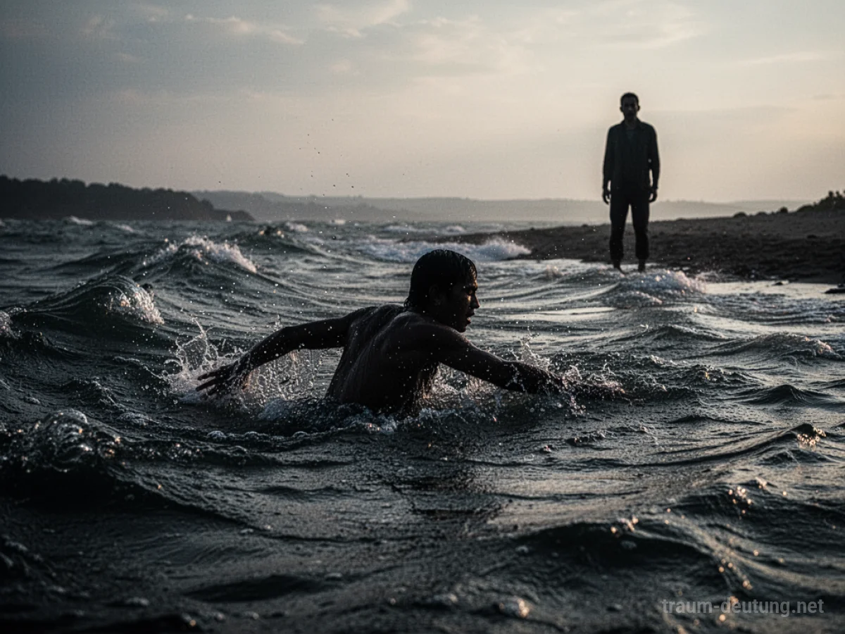 Silhouette eines Freundes, der im Wasser kämpft, während eine andere Silhouette am Ufer zusieht.