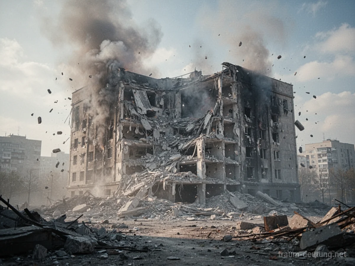 Ein beschädigtes Gebäude mit aufsteigendem Rauch, das eine Explosion andeutet.
