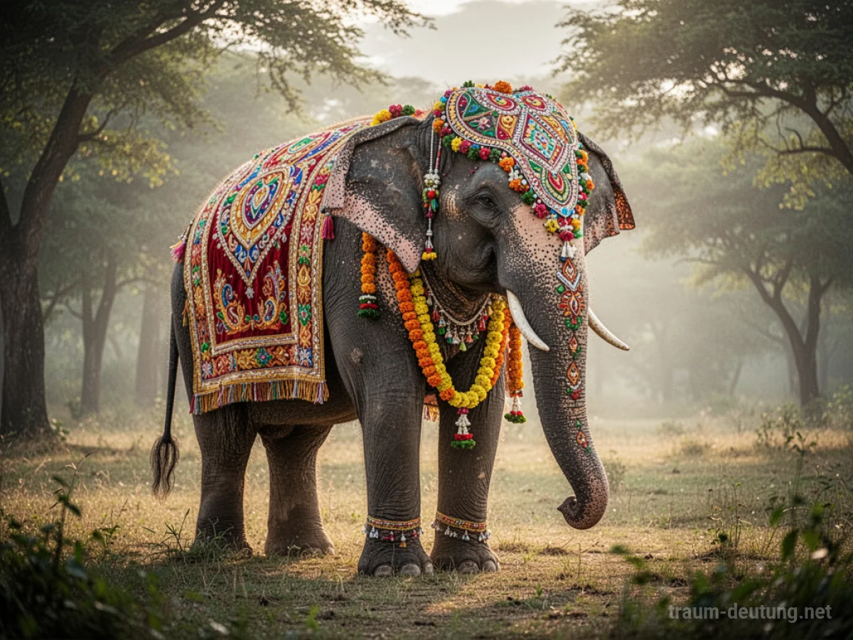 Ein geschmückter Elefant mit bunten Verzierungen in einer sonnigen Landschaft.
