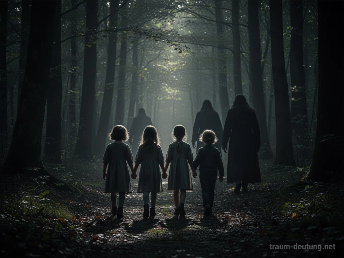 Silhouetten von Kindern, die von dunklen Figuren in einen Wald geführt werden.