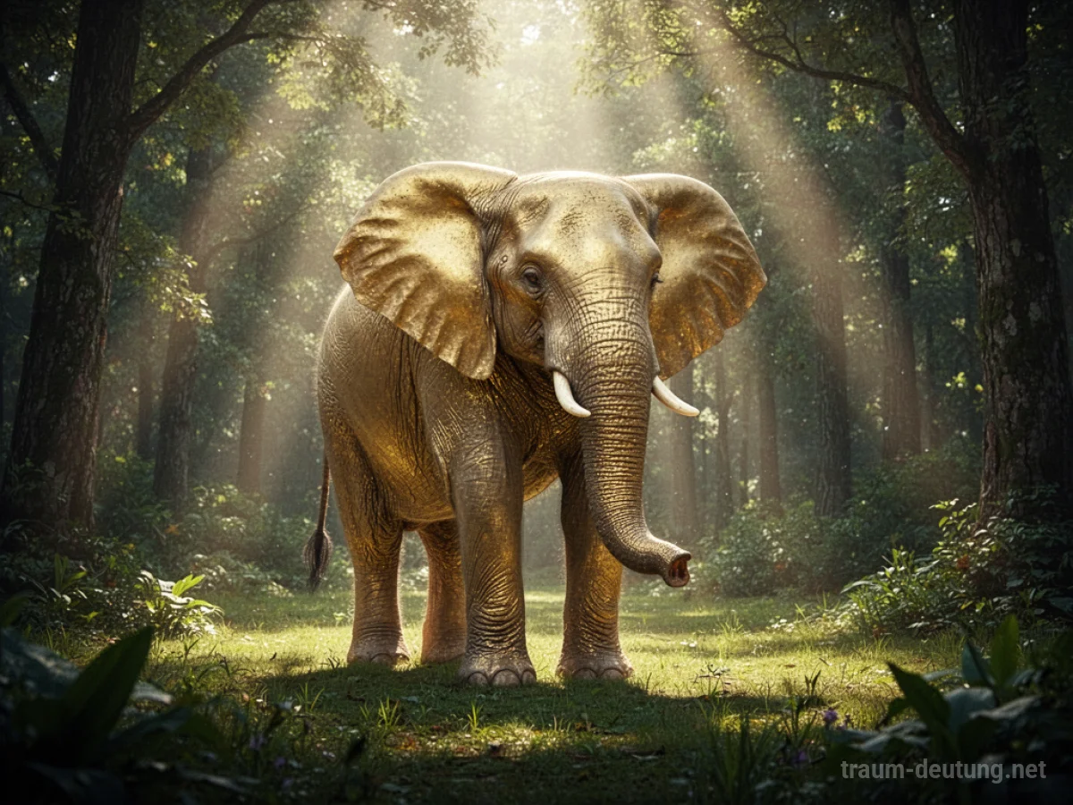 Ein goldener Elefant steht in einem sonnendurchfluteten Waldlichtung.