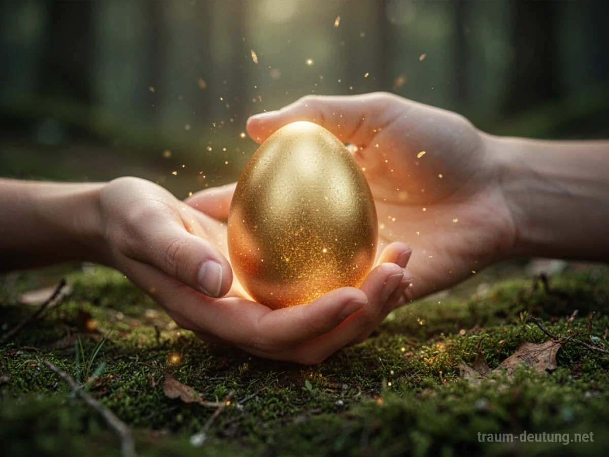 Eine Hand hält ein leuchtendes goldenes Ei.
