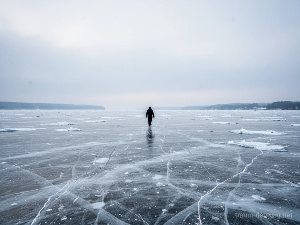 Eine Person geht über eine riesige, gefrorene Eisfläche unter einem grauen Himmel.