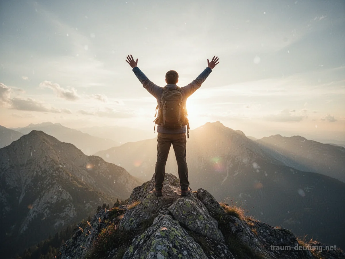Person steht triumphierend auf einem Berggipfel bei Sonnenaufgang.