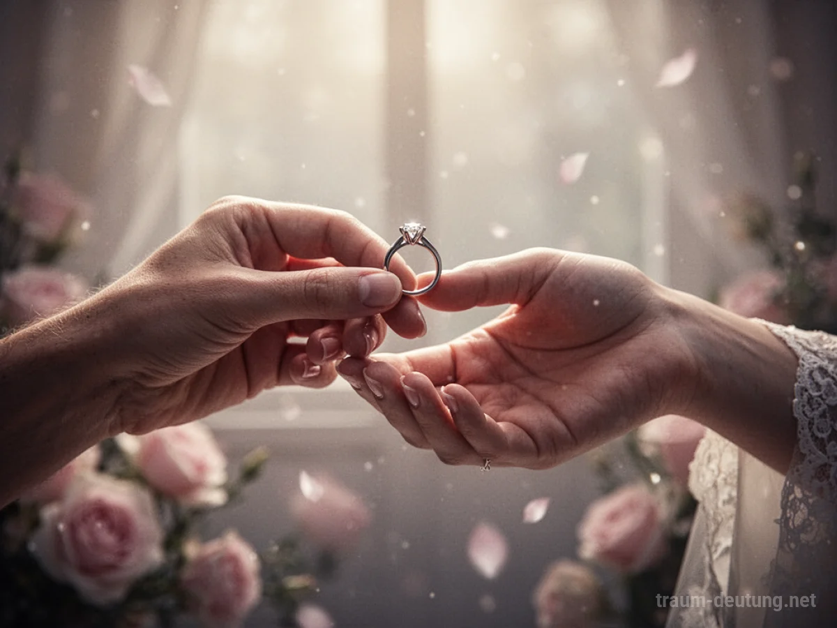 Eine Hand reicht einer anderen Hand einen Verlobungsring, im Hintergrund sanftes Licht.