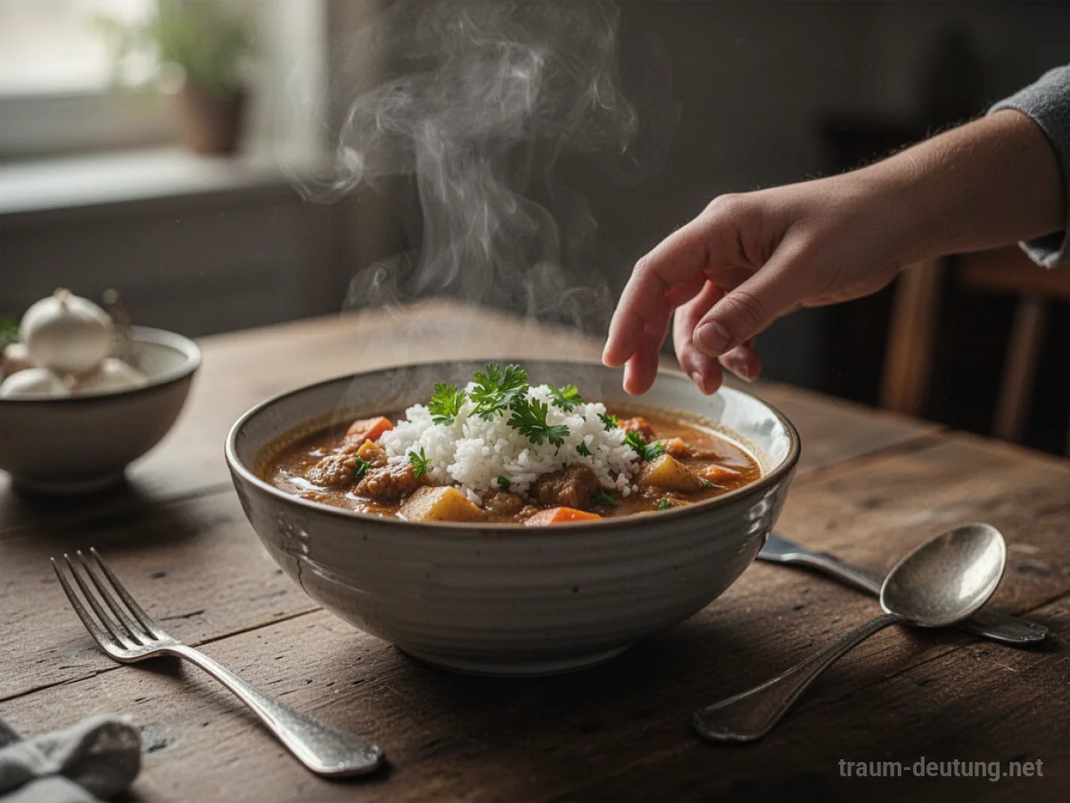 Eine dampfende Schüssel mit Essen auf einem Tisch, eine Hand nähert sich vorsichtig.