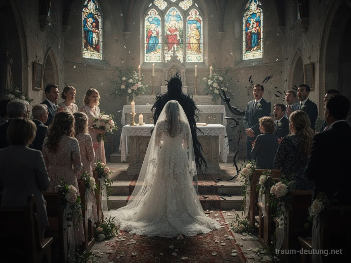 Brautpaar bei einer verhinderten Hochzeit, Gäste schauen irritiert.