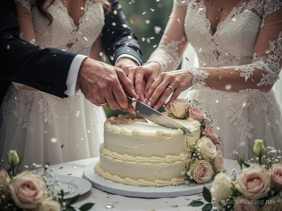Hände schneiden eine Hochzeitstorte an, umgeben von einer festlichen Atmosphäre.