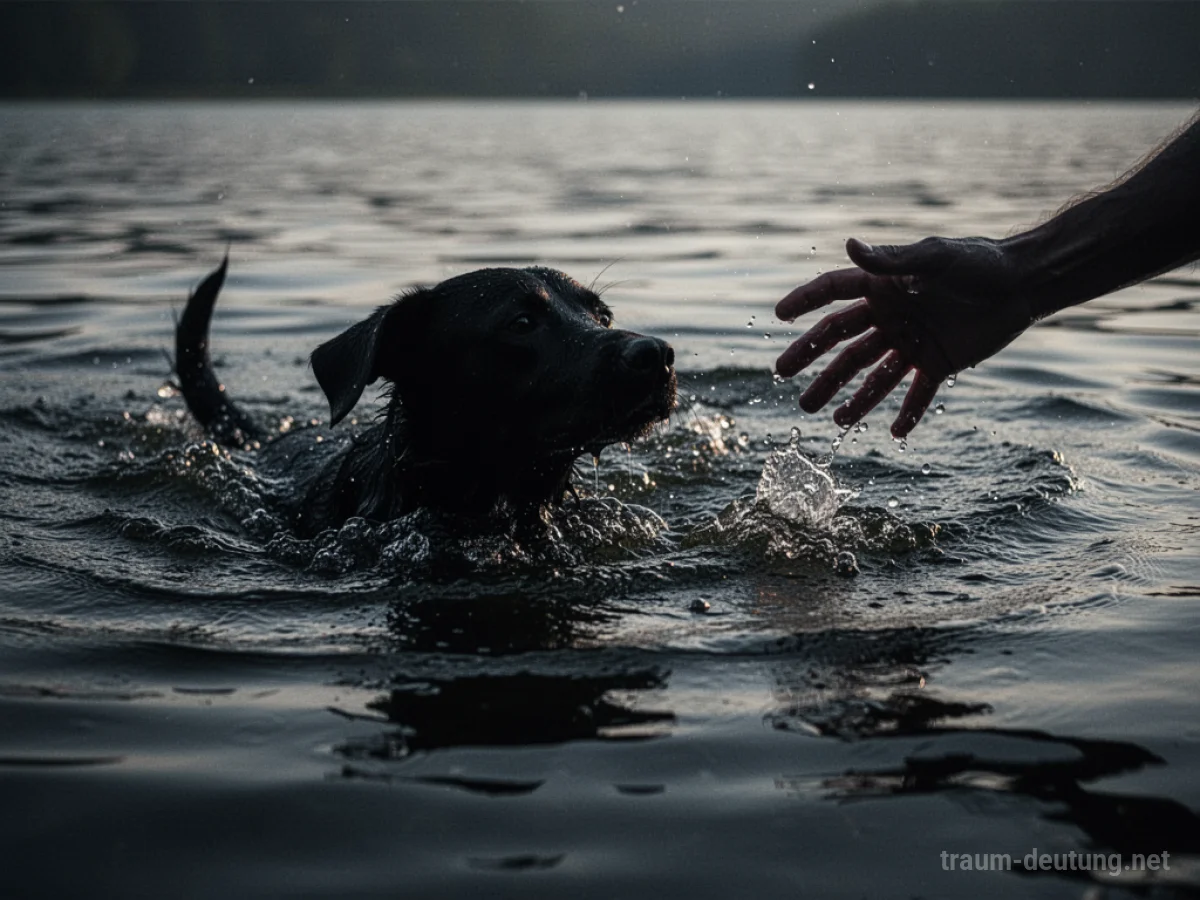 Silhouette eines Hundes, der im Wasser kämpft, während eine Hand zum Greifen ausgestreckt ist.