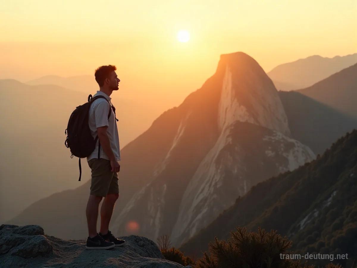 Person auf einem Berg mit zufriedenem Gesichtsausdruck bei Sonnenaufgang