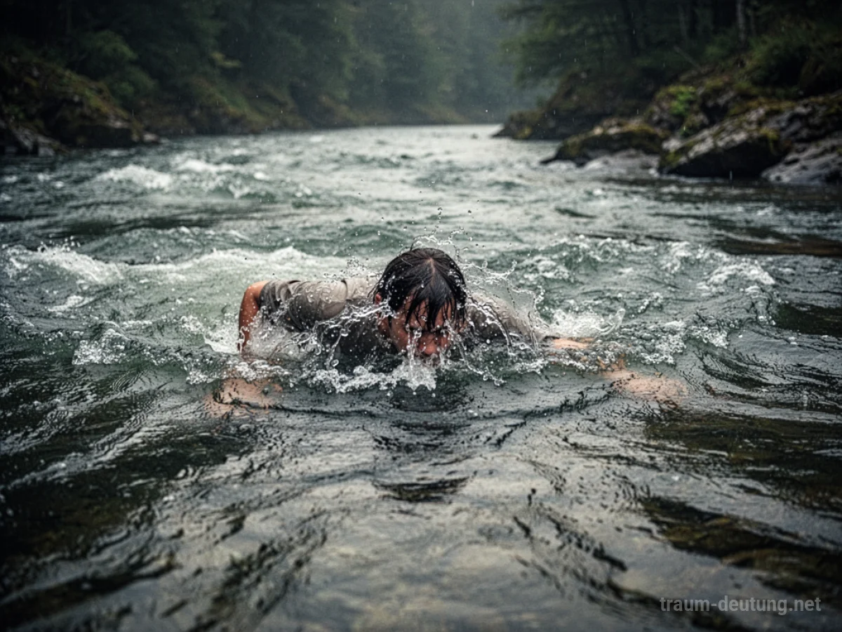 Eine Person kämpft gegen eine starke Flussströmung, Wasser ragt über den Kopf.