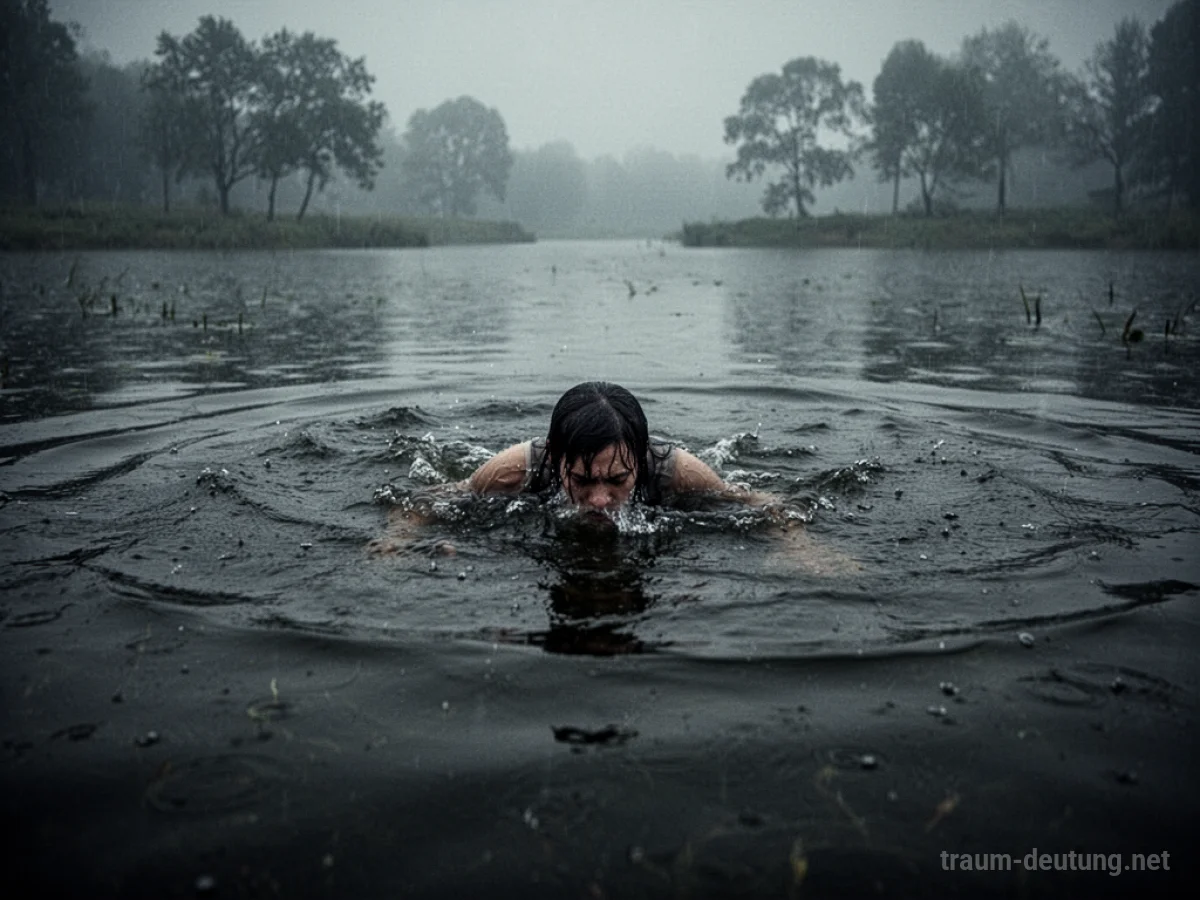 Eine Person kämpft im Wasser eines Sees, umgeben von Dunkelheit.