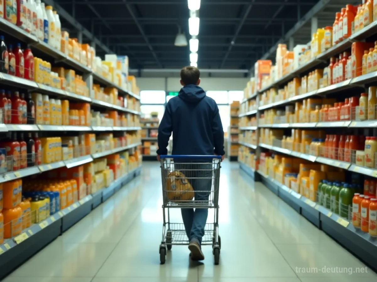 Person schiebt Einkaufswagen durch einen Supermarkt