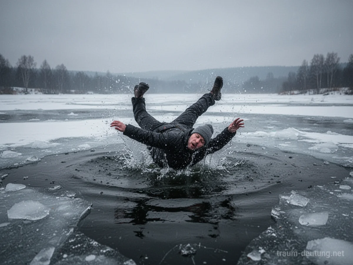 Person bricht durch dünnes Eis und fällt in kaltes Wasser