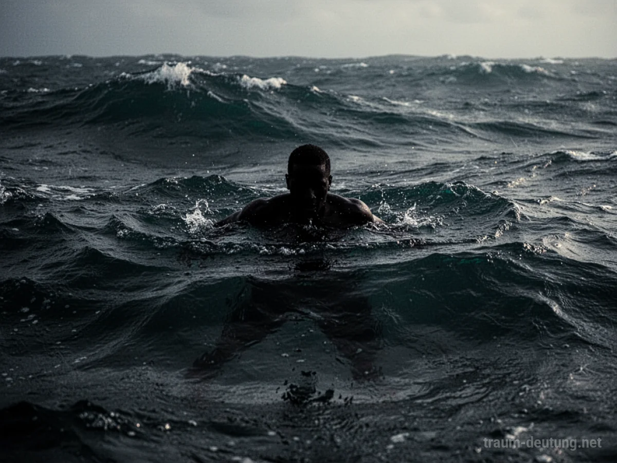 Silhouette einer Person, die in dunklem Wasser kämpft, während eine Schattenfigur unter der Oberfläche lauert.