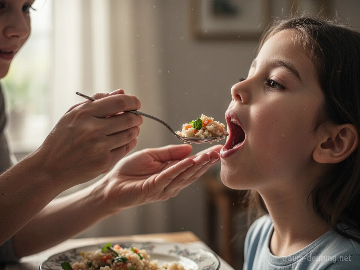 Hände reichen einer Person einen Löffel mit Essen, sanft und fürsorglich.
