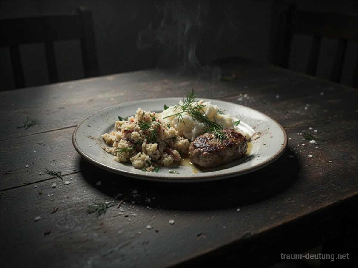 Ein Teller mit kaltem Essen auf einem dunklen Tisch